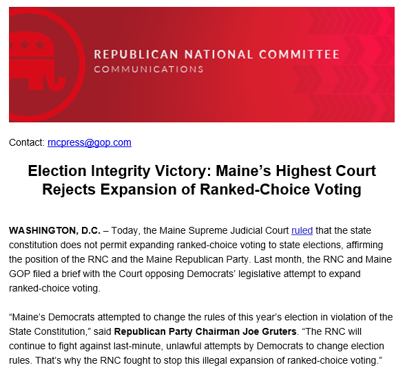 RNCVoteProtect's tweet image. 🚨 ELECTION INTEGRITY VICTORY 🚨 

The Maine Supreme Court sides with the RNC: expanding ranked-choice voting is unconstitutional. We’ll keep fighting against last-minute, unlawful attempts by Democrats to change election rules.
