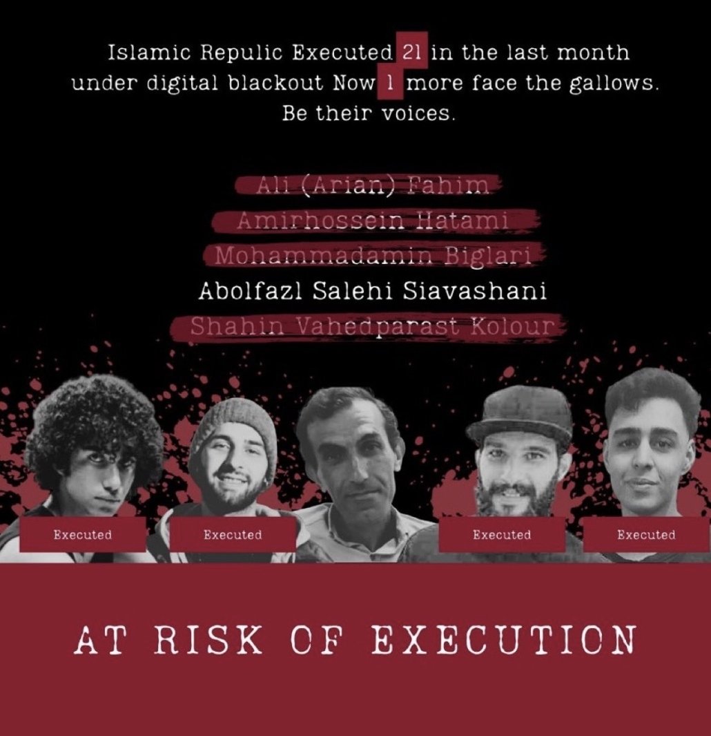 Papar1998's tweet photo. Four of the five defendants in the Basij base arson case have been executed.
The last one, #Abolfazl_Salehi_Siavashani, is now at serious risk of execution.
Say his name.
#ابوالفضل_صالحی_سیاوشانی https://t.co/rTD4Oz6fsw