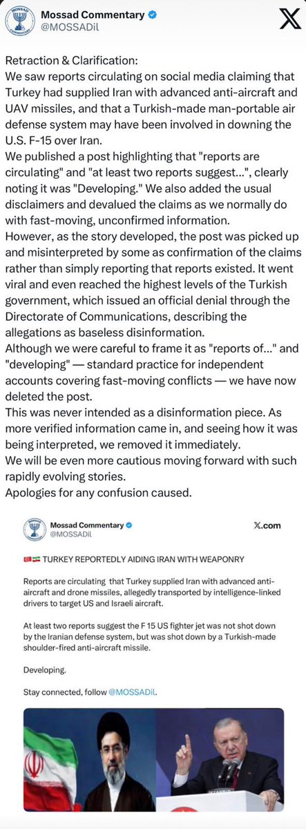 Gelin, güncel gelişmeler ışığında FETÖ – MOSSAD hattını net biçimde okuyalım:

1.
İşgalci İsrail bağlantılı hesaplar (MOSSAD), İran tarafından düşürülen ABD uçağına dair açık bir dezenformasyon servis etti.
Yalanın merkezinde: “Türk yapımı omuzdan atılan sistem kullanıldı”