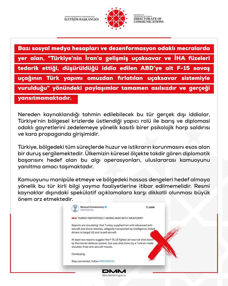 aslandegirmenci's tweet photo. Gelin, güncel gelişmeler ışığında FETÖ – MOSSAD hattını net biçimde okuyalım:

1.
İşgalci İsrail bağlantılı hesaplar (MOSSAD), İran tarafından düşürülen ABD uçağına dair açık bir dezenformasyon servis etti.
Yalanın merkezinde: “Türk yapımı omuzdan atılan sistem kullanıldı” iddiası yer aldı

2.
Dezenformasyonla Mücadele Merkezi (DMM), bu kurguyu anında çökertti.
Türkiye’nin İran’a bu tür silahlar verdiği ve söz konusu uçağın Türk sistemiyle vurulduğu iddialarının tamamen YALAN olduğunu net biçimde ortaya koydu.

3.
Firari FETÖ’cü Emre Uslu, her zamanki refleksiyle devreye girdi.
MOSSAD çizgisinde hareket eden hesapların ürettiği bu yalanı büyütmeye çalıştı, Türkiye’yi hedef alan söylemlere destek verdi. FETÖ organize bir şekilde MOSSAD ve Uslu’nun yalanını yaymaya çalıştı.

4.
DMM, gerçekleri ortaya çıkarınca tablo değişti.
MOSSAD bağlantılı hesap, küresel ölçekte rezil olan dezenformasyonunu sessizce sildi.
Ardından klasik geri adım: “Hata yaptık.” açıklamasına imza attı. @dmmiletisim’in açıklamasına da atıf yapmak zorunda kaldı.

5.
Sahada HAKİKAT kazanınca, dijital cephede kurulan kirli ittifak da açığa çıktı.
FETÖ unsurlarının, organize biçimde aynı yalan hattına angaje olduğu bir kez daha belgelenmiş oldu. 

▪️Algı operasyonu kurdular, ilk müdahalede dağıldılar.
Yalanı küresel servis ettiler, ilk doğruda geri vitese taktılar.

MOSSAD “hata yaptık” deyip kaçtı,
FETÖ yine ortada kaldı… 

Bu arada Emre, uslu uslu İletişim Başkanlığı tarafından yapılan açıklamayı da okumak zorunda kaldı :)