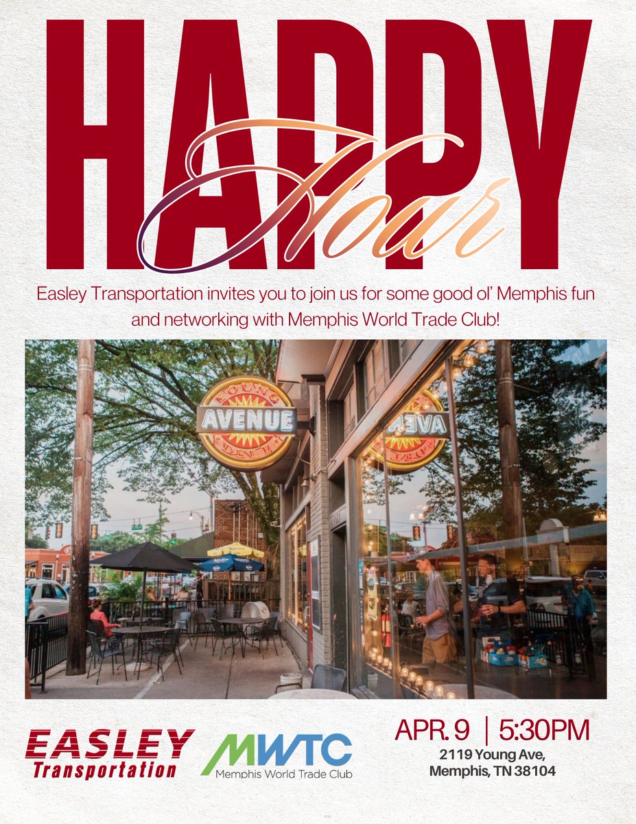 EasleyTransport's tweet photo. Join us for a networking happy hour at Young Avenue Deli this Thursday, April 9th at 5:30pm. Come out for good conversations and fun. We look forward to seeing you there!
📍Young Avenue Deli 2119 Young Ave, Memphis, TN 38104 
📅 Thursday, April 9th 
🕒 5:30pm-ti https://t.co/ueBFacgXWW