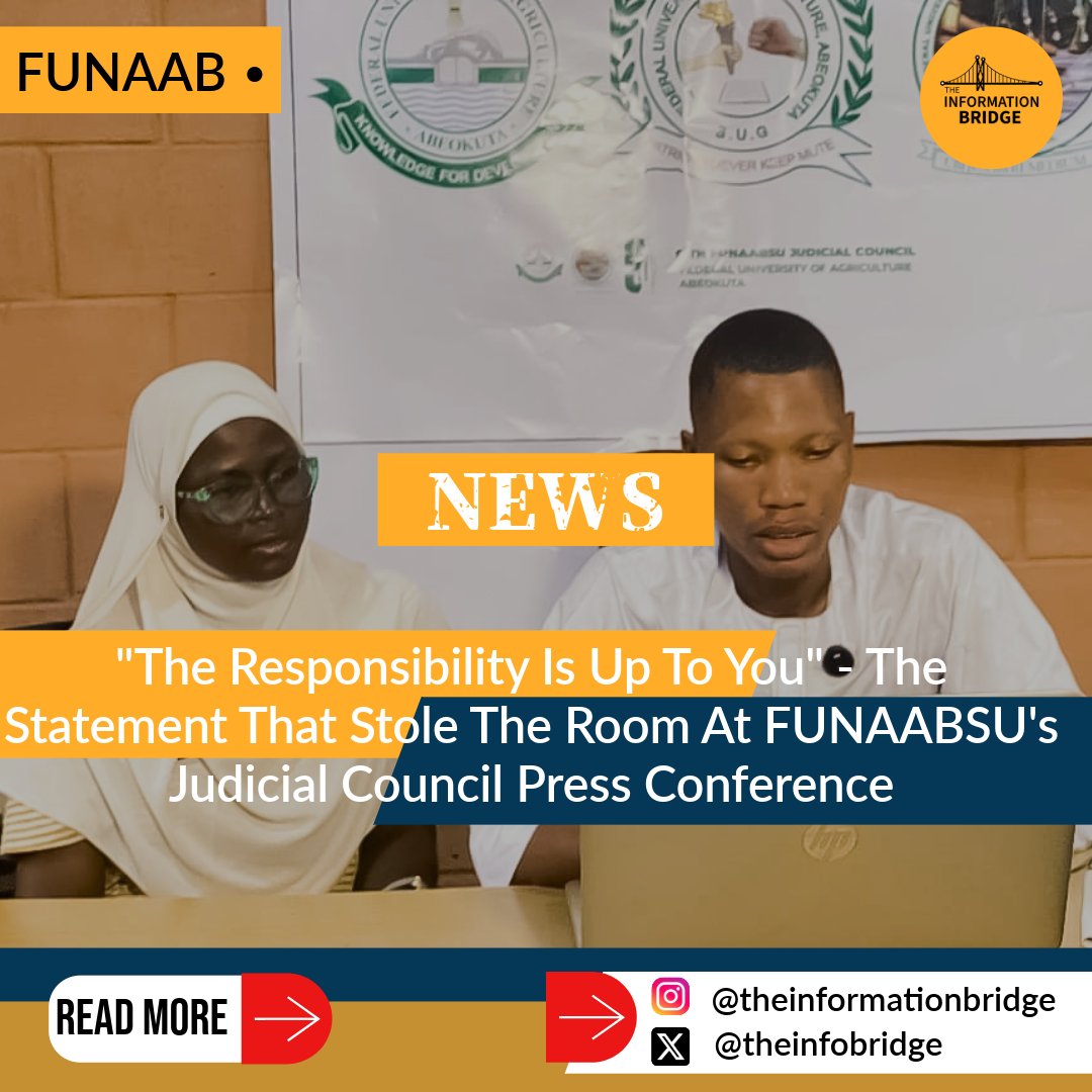 _TheInfoBridge_'s tweet photo. "The Responsibility Is Up To You."

FUNAABSU Chief Judge, Hon. Justice Daniel Adieri, speaks at today's Judicial Council Press Conference ahead of the 9th Judicial Summit. 

A full summary thread. 🧵🎙️ 
#FUNAABSU #JudicialSummit2026 #TheInformationBridge https://t.co/isQNj5GkvZ