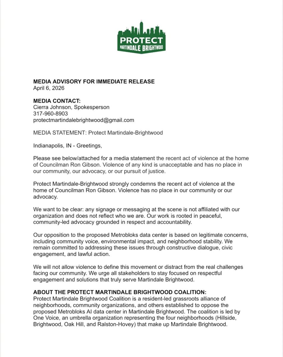 matthewfultztv's tweet photo. Protect Martindale Brightwood issues a statement in response to the shooting. 

@WTHRcom https://t.co/pkFstlWBWf