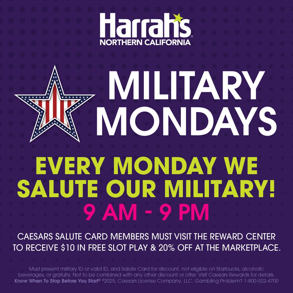 HarrahsNorCal's tweet photo. Honoring our heroes every Monday with exclusive military perks—free slot play and special discounts for those who serve! https://t.co/1wzYL3Cat9