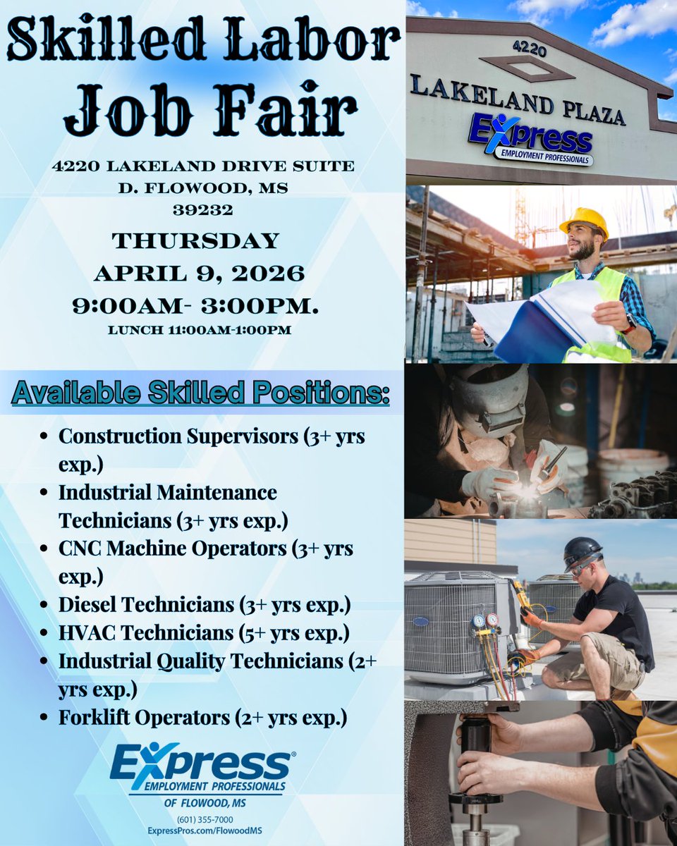 Skilled laborer? Meet us at our Job Fair on April 9, 2026, from 9AM-3PM at Express in Flowood! Bring your resume &amp; IDs. Can't attend? Send your resume to Jobs.FlowoodMS@ExpressPros.com. 💼✨ #Hiring #JobFair