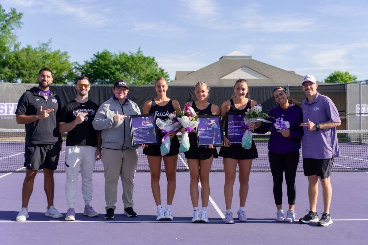 SFA_Athletics's tweet photo. A chapter closing, a legacy lasting 💜

Thank you for the memories, dedication and the impact that will last forever and the leadership! 

#AxeEm x #orELSE https://t.co/1ZiFH5T5qg