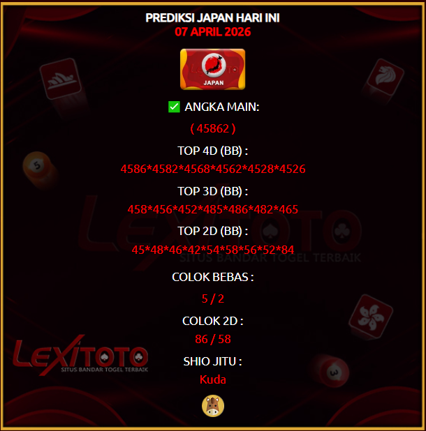 lexitoto_'s tweet photo. Prediksi Jitu Japan Hari Ini 07 April 2026
Link Join : https://t.co/M5IeAL0tqK

#lexitoto #prediksi #prediksihk #prediksisgp #prediksisydney #prediksicambodia #prediksitaiwan #prediksijapan #prediksichina #prediksitop #prediksijitu #prediksihariini #syairtogel #pastibayar https://t.co/imV8Z6r1sl