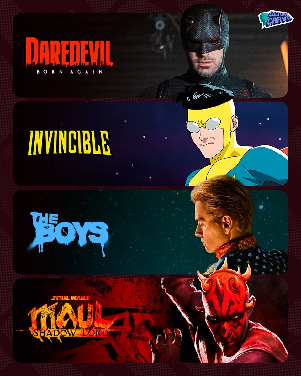 Shows with new episodes releasing this week 📺

• 'Daredevil: Born Again' 
• 'Invincible' 
• 'The Boys' 
• 'Maul - Shadow Lord'