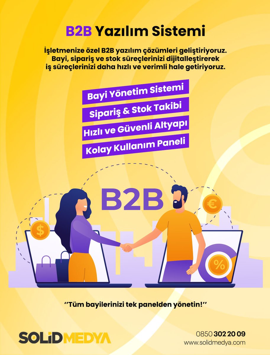 💼 İş süreçlerinizi dijitale taşıyın, kontrolü elinize alın.

Size özel B2B yazılım çözümlerimizle bayi, sipariş ve stok yönetimini tek panelden kolayca yönetin. ⚙️
Hızlı, güvenli ve verimli bir sistemle işinizi büyütün.

Daha güçlü bir iş yönetimi için doğru çözüm burada. 🚀