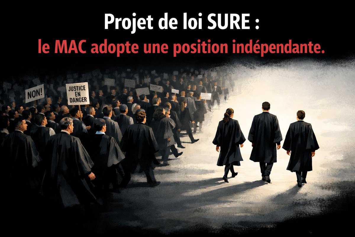 Le MAC soutient le projet de loi #SURE. 

Le syndicat Manifeste des #Avocats Collaborateurs (MAC) soutient le projet de loi SURE en ce qu’il prévoit la création d’une procédure de jugement des crimes reconnus (PJCR). <a href="/justice_gouv/">Ministère de la Justice</a> 
Retrouvez notre motion : notremanifeste.com/2026/04/le-mac…