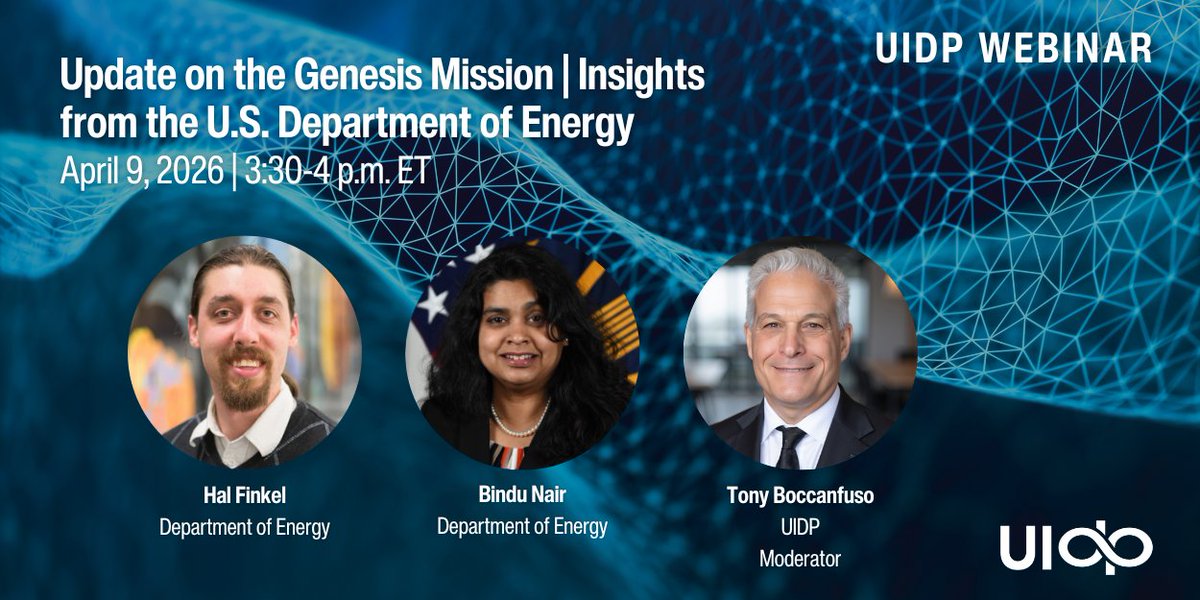 teamuidp's tweet photo. Join UIDP for a 30-minute Q&amp;A with DOE leaders on the Genesis Mission, focused on AI-driven discovery and national security. Get clarity on goals, participation, and partnership impact. Register here: https://t.co/hRkyLur0ol #UIDPWebinar https://t.co/JZRJ2ZOW6l