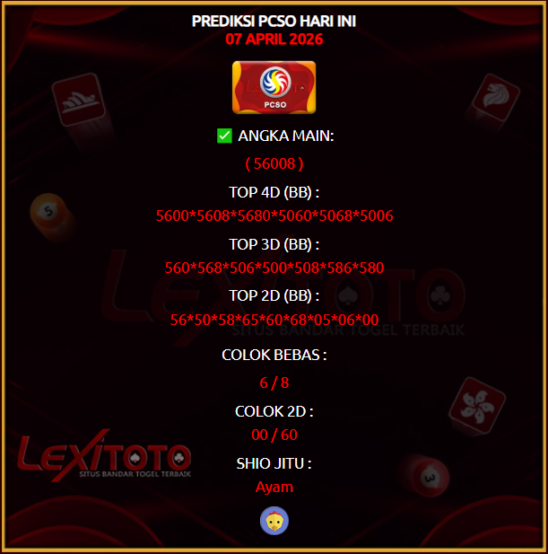 lexitoto_'s tweet photo. Prediksi Jitu Pcso Hari Ini 07 April 2026
Link Join : https://t.co/M5IeAL0tqK

#lexitoto #prediksi #prediksihk #prediksisgp #prediksisydney #prediksicambodia #prediksitaiwan #prediksijapan #prediksichina #prediksitop #prediksijitu #prediksihariini #syairtogel #pastibayar https://t.co/scghAhF64v
