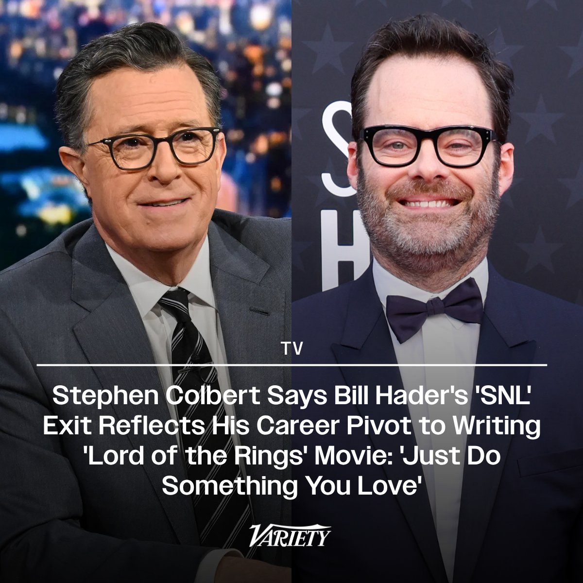 Stephen Colbert says Bill Hader’s “SNL” exit inspired his career pivot into writing a new “Lord of the Rings” movie:

"I’ll tell you, the person who did the thing I most admire — I mean, not most admire, but the thing that really struck me is, you know what [Bill] Hader did when