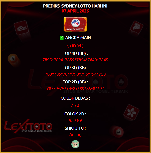 lexitoto_'s tweet photo. Prediksi Jitu Syd Hari Ini 07 April 2026
Link Join : https://t.co/M5IeAL0tqK

#lexitoto #prediksi #prediksihk #prediksisgp #prediksisydney #prediksicambodia #prediksitaiwan #prediksijapan #prediksichina #prediksitop #prediksijitu #prediksihariini #syairtogel #pastibayar https://t.co/rTUsCXZ1HP