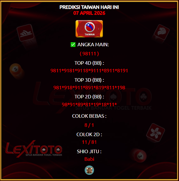 lexitoto_'s tweet photo. Prediksi Jitu Taiwan Hari Ini 07 April 2026
Link Join : https://t.co/M5IeAL0tqK

#lexitoto #prediksi #prediksihk #prediksisgp #prediksisydney #prediksicambodia #prediksitaiwan #prediksijapan #prediksichina #prediksitop #prediksijitu #prediksihariini #syairtogel #pastibayar https://t.co/laQXbQEdeB
