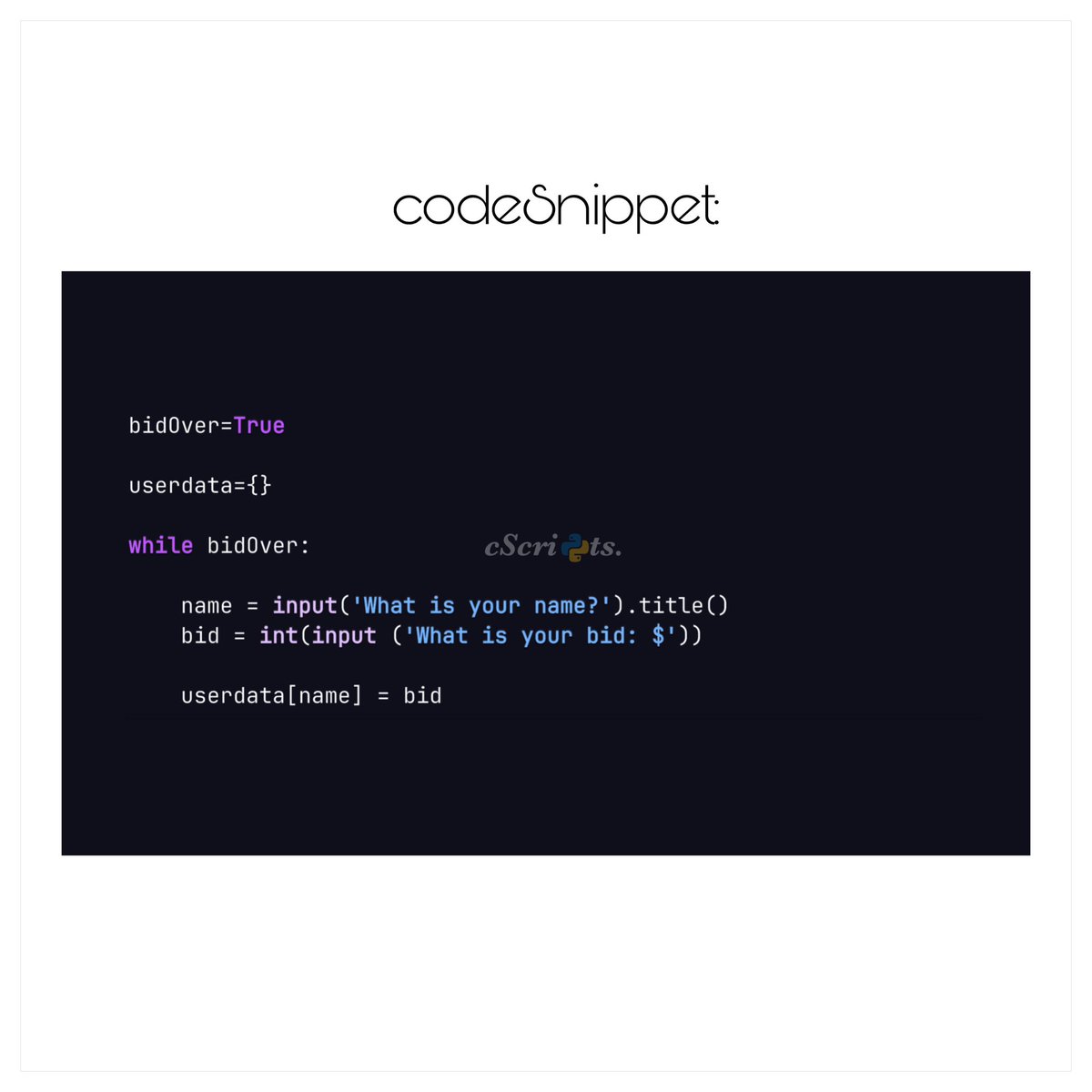 carterScripts's tweet photo. Who wins the auction?👀💰

Today, I wrote a script that takes multiple bids and determines the winner automatically. 

This is why I love Python. https://t.co/ogLd7tegjg