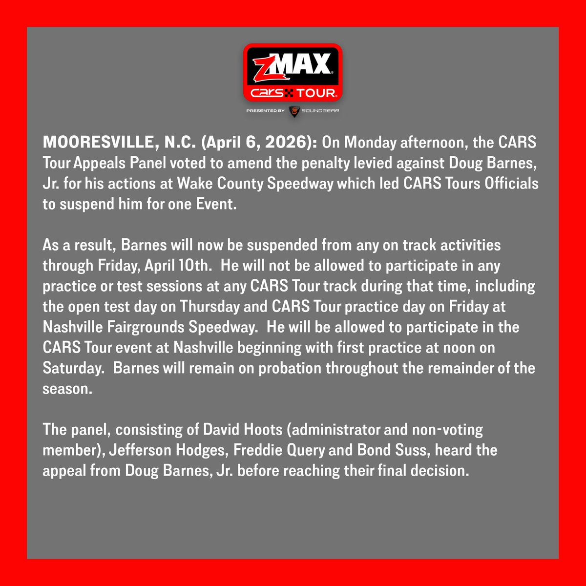 CARSTour's tweet photo. ‼️𝗡𝗘𝗪𝗦: CARS Tour appeals panel amends penalty levied against Doug Barnes Jr. https://t.co/HOsHh4mHoi
