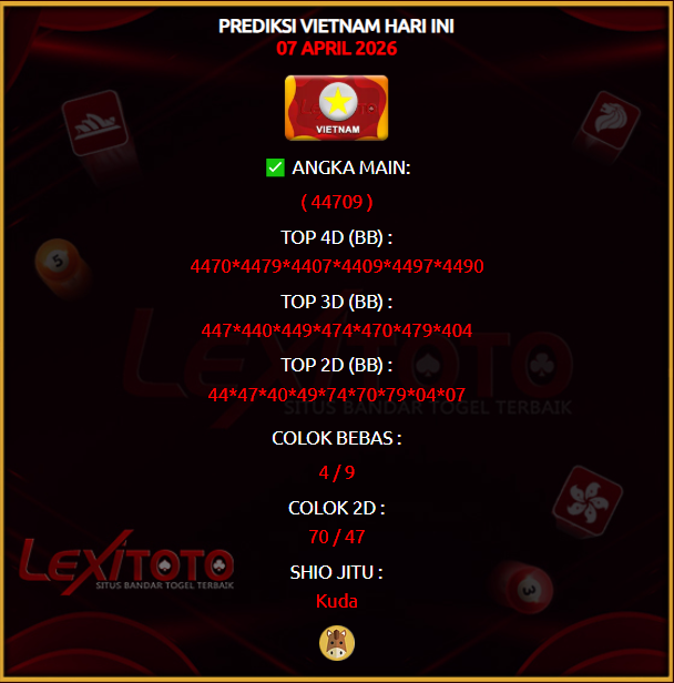 lexitoto_'s tweet photo. Prediksi Jitu Vietnam Hari Ini 07 April 2026
Link Join : https://t.co/M5IeAL0tqK

#lexitoto #prediksi #prediksihk #prediksisgp #prediksisydney #prediksicambodia #prediksitaiwan #prediksijapan #prediksichina #prediksitop #prediksijitu #prediksihariini #syairtogel #pastibayar https://t.co/dIB9mB9Kf2