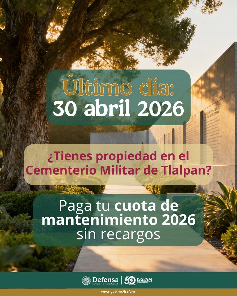 No lo dejes para después ⏳
Regulariza tu cuota de mantenimiento anual antes de abril y evita recargos innecesarios.

👉 Realiza tu pago hoy mismo y asegura tu beneficio.
webapp.issfam.gob.mx/IsPag/ux/

Comparte esta información con quien lo necesite 🤝

#FamiliaMilitar #ISSFAMContigo