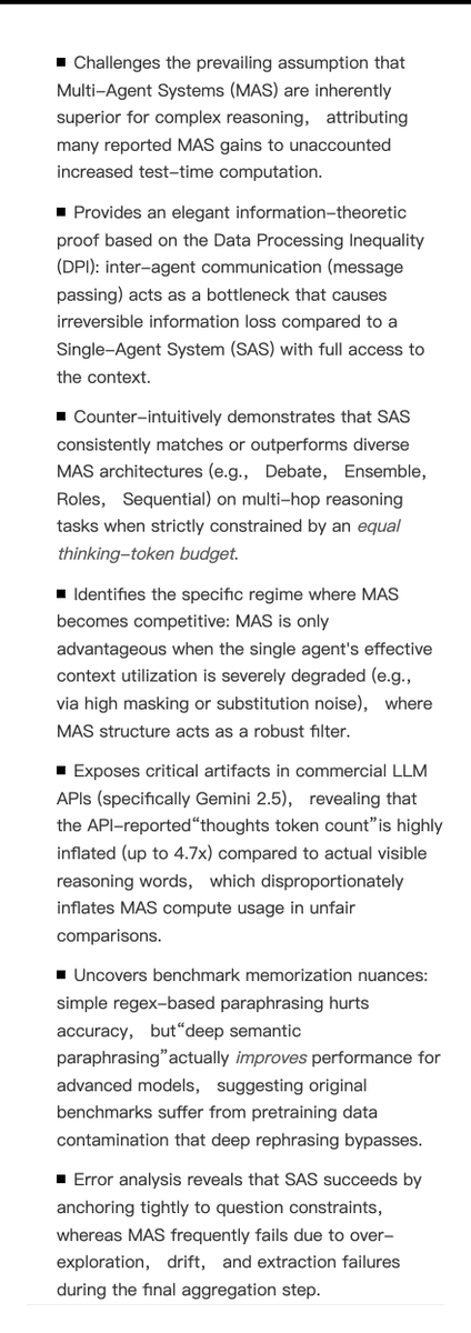 fly51fly's tweet photo. [CL] Single-Agent LLMs Outperform Multi-Agent Systems on Multi-Hop Reasoning Under Equal Thinking Token Budgets
D Tran, D Kiela [Stanford University] (2026)
https://t.co/wIWG9B6V04 https://t.co/9nB2KfxtjY