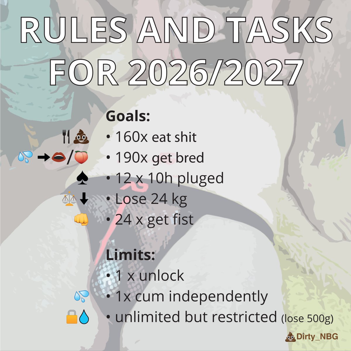 Thanks to MASTERs Rubbnick42 &amp; Elsewise95 for these tough tasks and rules leading up to my slave birthday on February 10, 2027.

If tasks succeed, especially only unlocking once you get to breed Master Elsewise95.