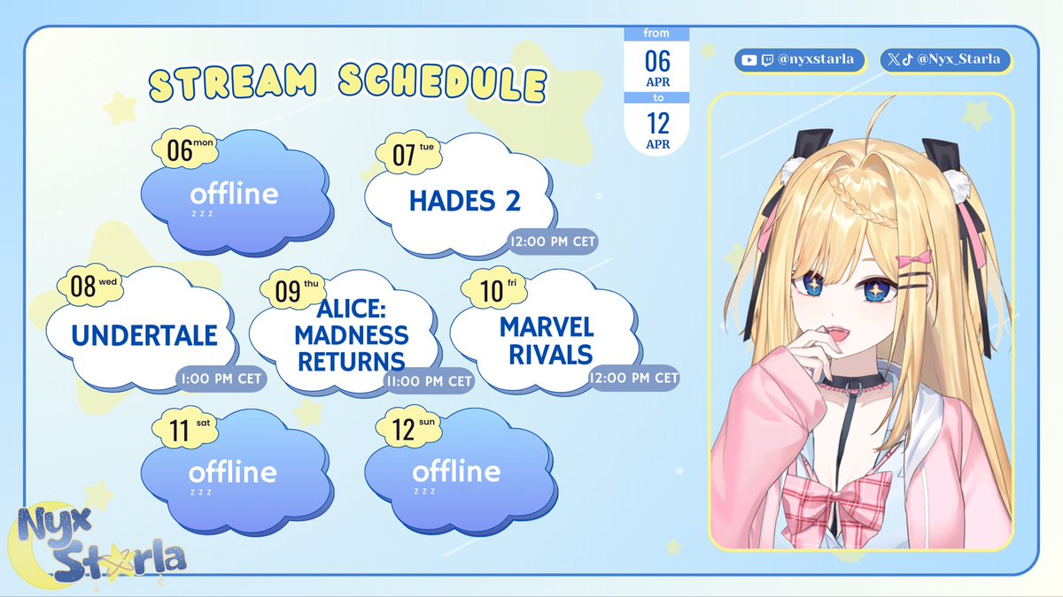 ✨Schedule✨
Apr 06 - Apr 12 

I’m backkkkkkk 🗣️ lots of games to catch up with and a lot of yapping coming this week! 
See you tomorrow 🩵