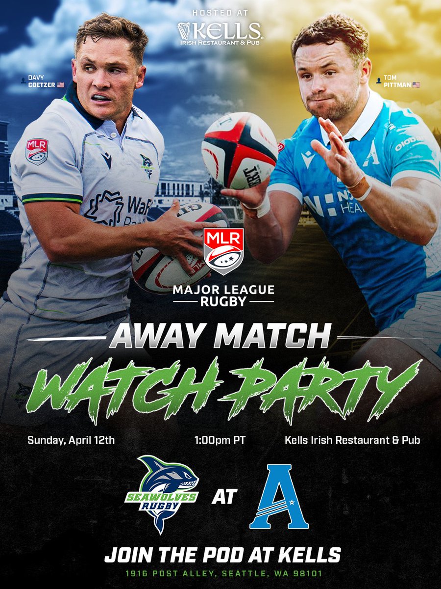 SeawolvesRugby's tweet photo. Watch with the pod this Sunday. 🍻
Join us at @KellsIrish at 12:30 PM PT as we take on @AnthemRugby in @usmlr Week 3.
📍 1916 Post Alley, Seattle, WA 98101.
🏉 Kickoff at 1:00 PM PT
🅿 Free street parking in Seattle on Sundays
@usmlr x #ARCvSEA https://t.co/pUgUAgaQ0X