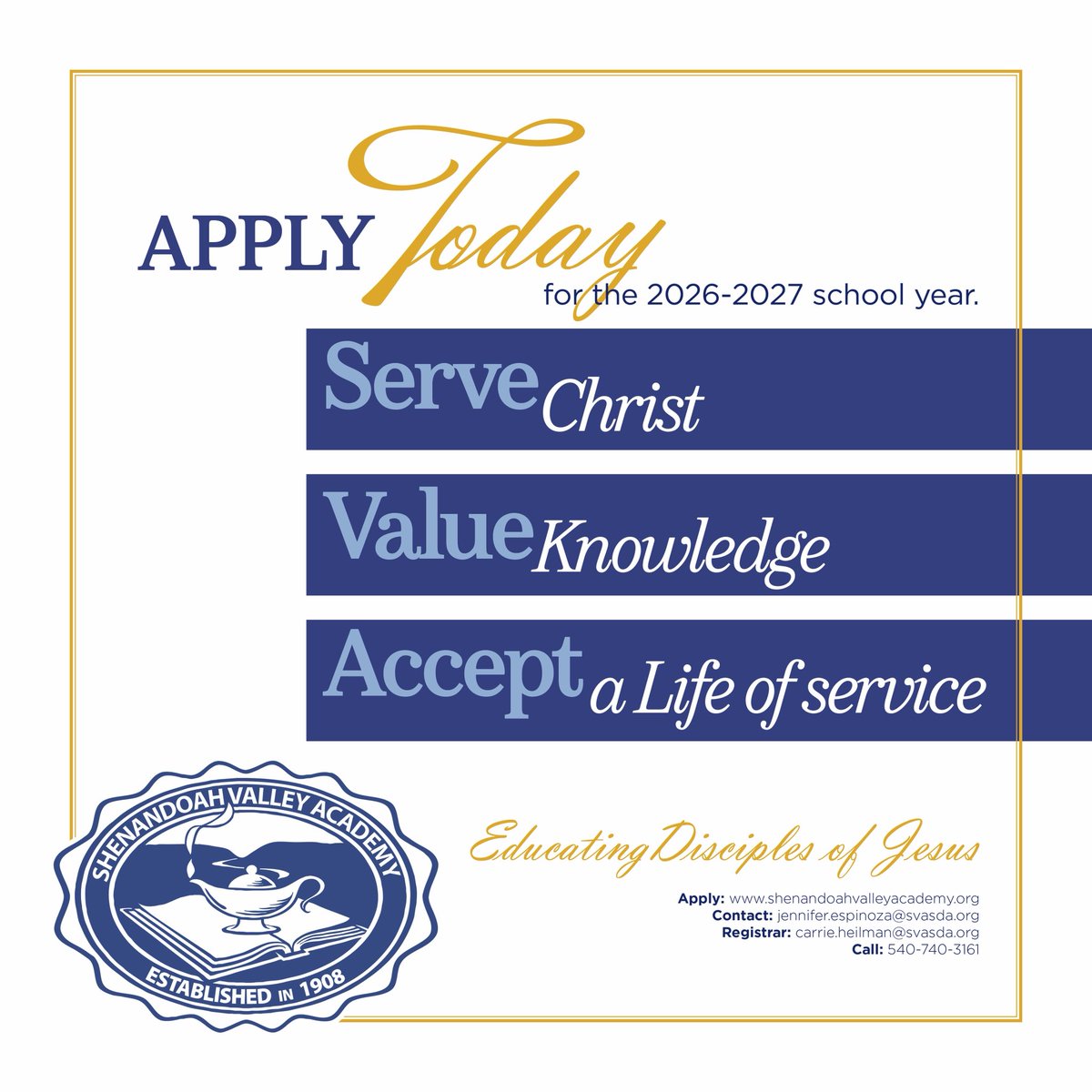 SVAAlumniAssoc's tweet photo. Students entering grades 9-12 for the 2026-2027 school year, we’d love to welcome you to the #ShenandoahValleyAcademy campus family in the Fall! Apply today at https://t.co/DWKLmCPsys #linkinstory. Enrollment Contacts: jennifer.espinoza@svasda.org or carrie.heilman@svasda.org https://t.co/NVwSDU7yHa