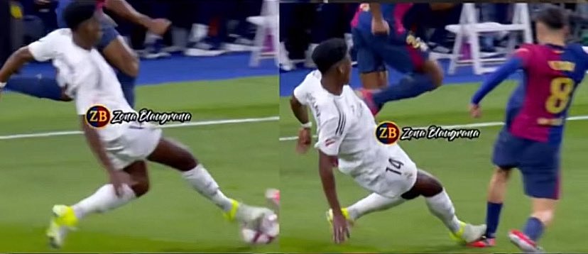 FranBlaugrana2's tweet photo. Cuando al Barça no le anularon este gol en contra contra el Girona,decían que no era ni falta,que tocaba balón

Cuando hubo una acción exactamente igual en el Clásico del año pasado de Tchouameni a Pedri,decían que no era ni amarilla

Ahora resulta que una jugada de Gerard Martín igual a estas dos es expulsión😅