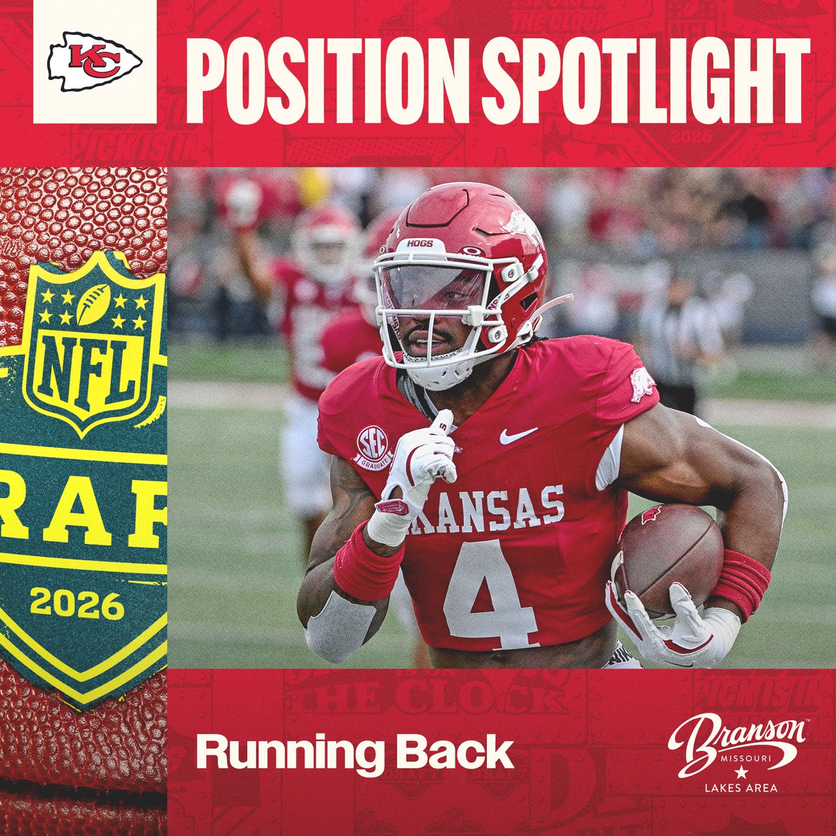 Chiefs's tweet photo. Five names to know at running back in the 2026 NFL Draft ⤵️