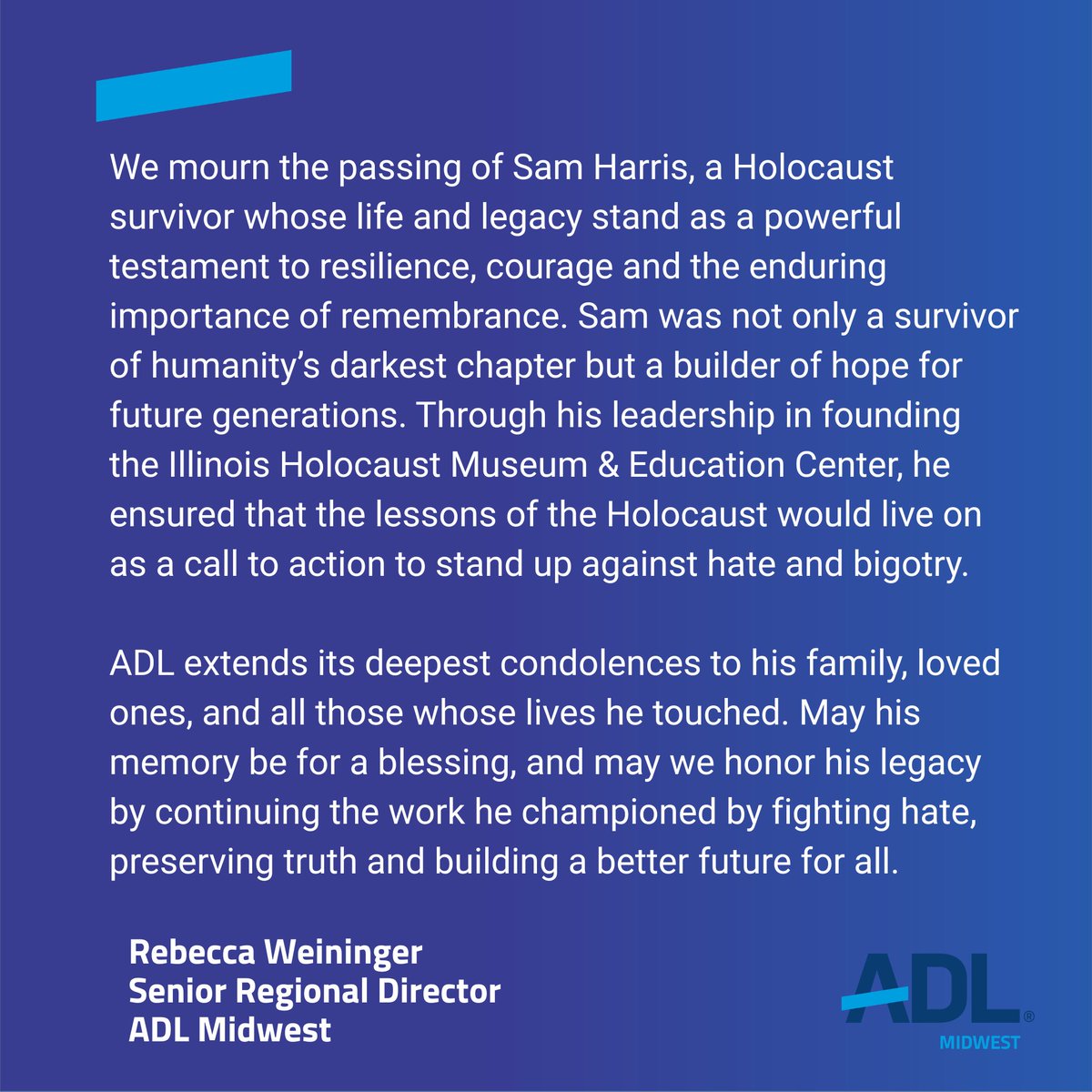 ADLMidwest's tweet photo. Our condolences to Sam Harris's family and his many friends. May his memory be for a blessing. https://t.co/YYR8N4xocg https://t.co/tE1ACJS1az