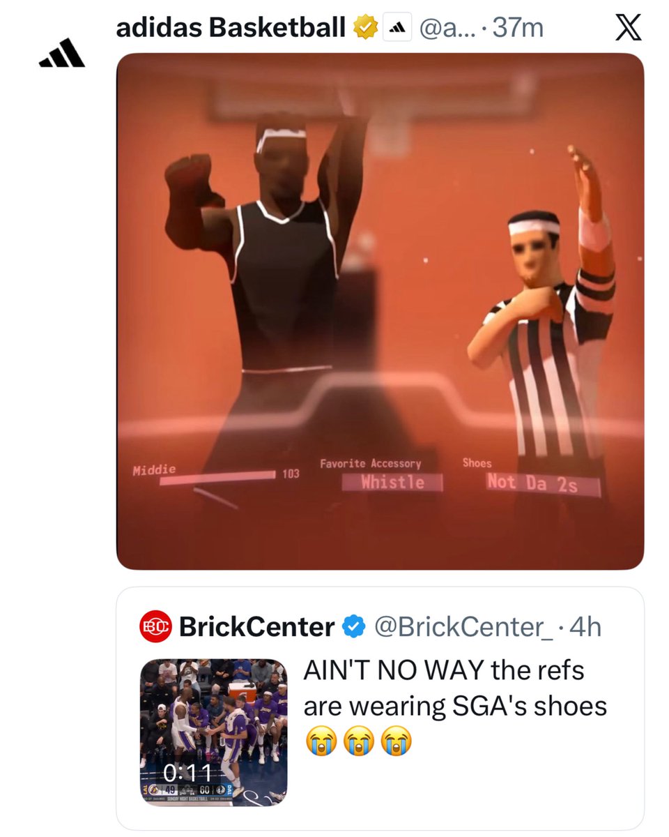 nicekicks's tweet photo. adidas Basketball trolled Shai Gilgeous-Alexander and Converse again! 😭😭😭

After NBA referee Karl Lane was spotted wearing the SHAI 001, adidas pulled a screenshot from its February All-Star AE 2 commercial where they poked fun at SGA saying his favorite accessory was a referee’s whistle 👀