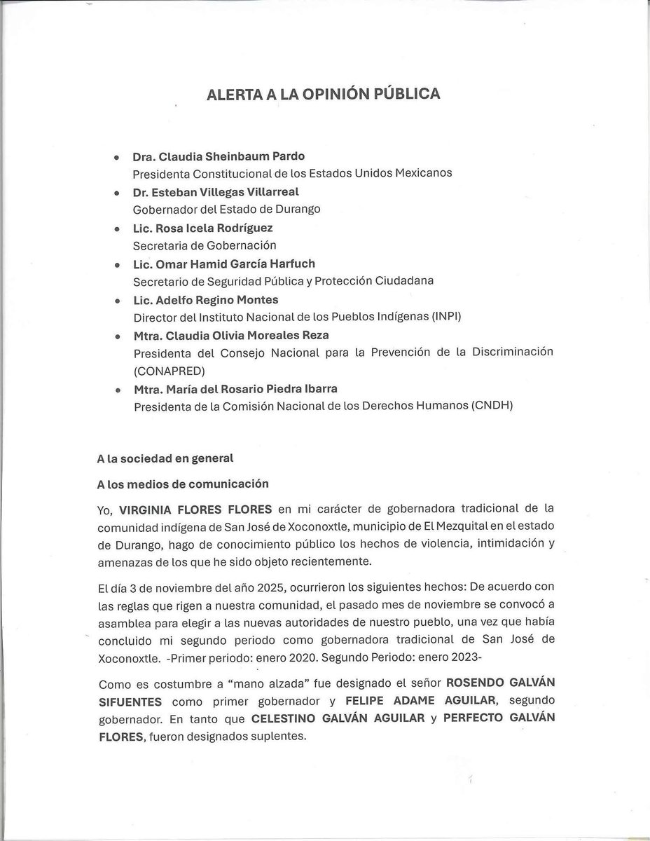 RazaCero's tweet image. #México || La Maestra Virginia Flores Flores, gobernadora tradicional de San José de Xoconoxtle, Mezquital, #Durango, denuncia injerencia de presunto integrante del crimen organizado para imponer nuevo gobernador de esta comunidad.

La Mtra. Virginia Flores solicita protección de