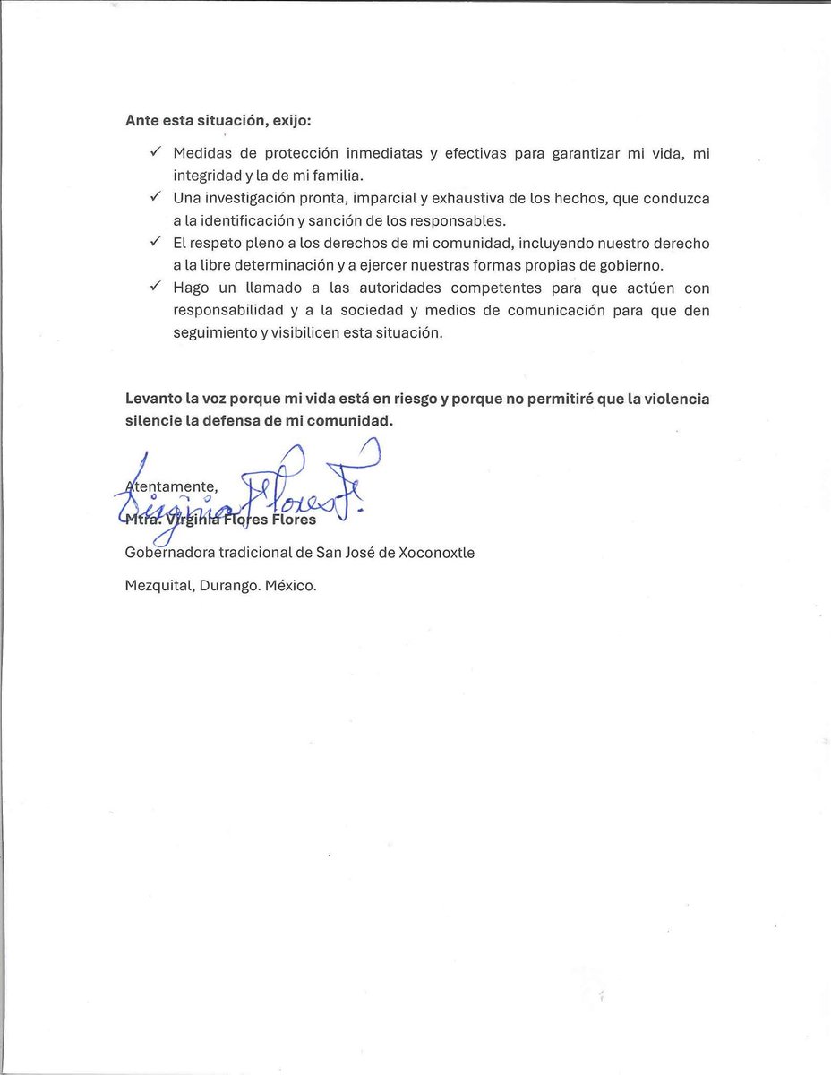 RazaCero's tweet image. #México || La Maestra Virginia Flores Flores, gobernadora tradicional de San José de Xoconoxtle, Mezquital, #Durango, denuncia injerencia de presunto integrante del crimen organizado para imponer nuevo gobernador de esta comunidad.

La Mtra. Virginia Flores solicita protección de