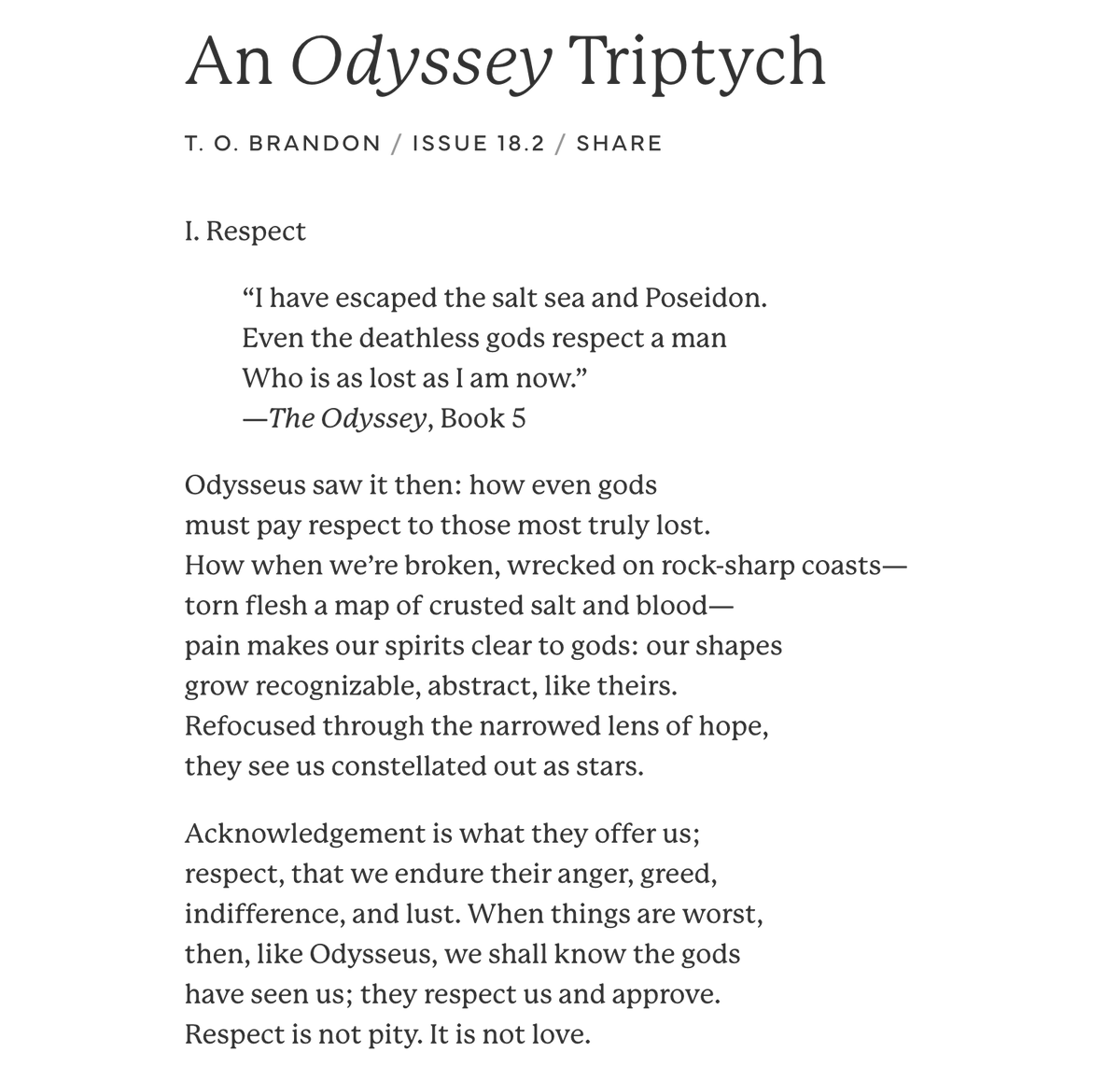 TyndallOBrandon's tweet photo. I’m grateful to Literary Matters for publishing my sonnet sequence, “An Odyssey Triptych.” Many thanks to Emily Grace, Cameron Clark, and the rest of the team at @LM_ALSCW! I’ve attached the first poem in the sequence. The rest are available in the new issue, along with a host of wonderful poems, translations, and essays.
https://t.co/ftpMYEESao