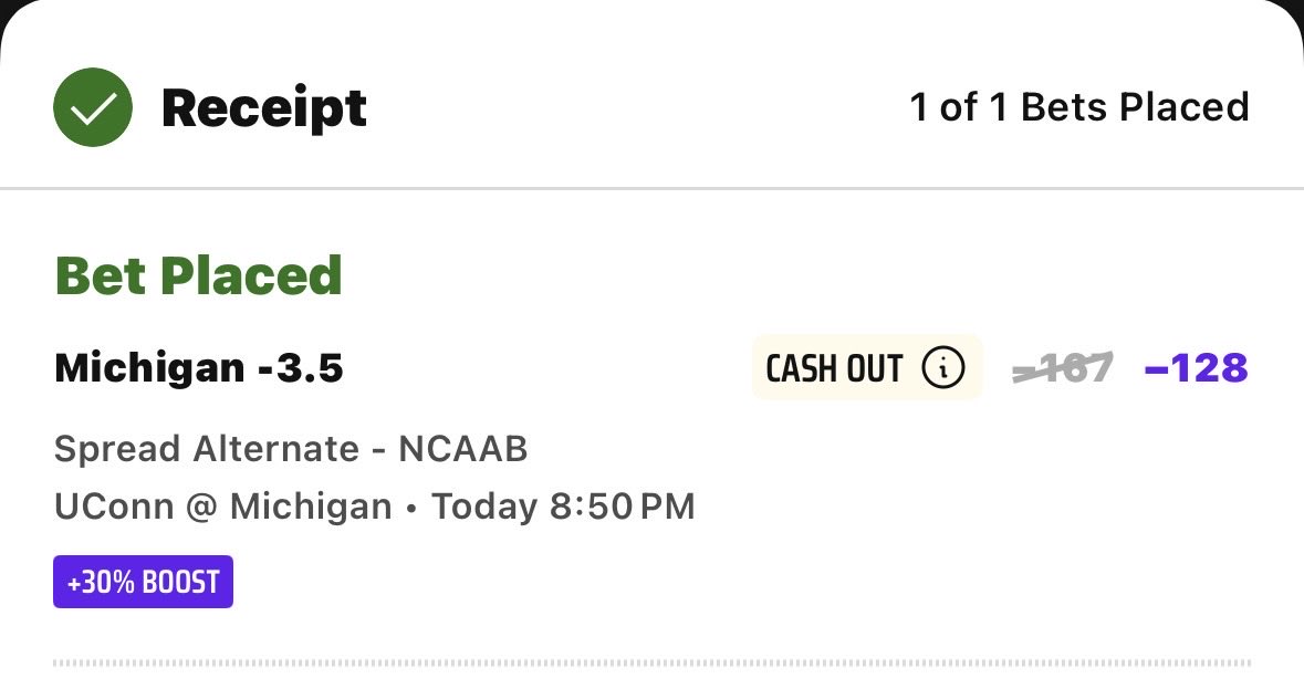 supreme_locks's tweet photo. Sending this out now might not have a chance to send later, we are heavily on Michigan tonight…Michigan -3.5 -167…Now I am UConn guy but I don’t bet with my heart, I’ve taken them alot this year and this march both against duke and Illinois but today they are the real underdog https://t.co/iFD7NI3ZX7