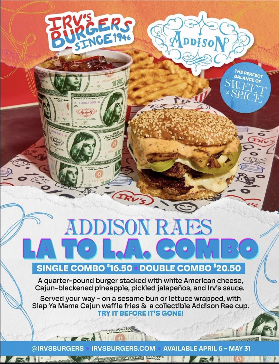 AccessAddison's tweet image. LA is home… but I’m ready to munch!

Introducing Addison Rae’s LA to L.A. combo… exclusively at Irv’s Burgers 🍔