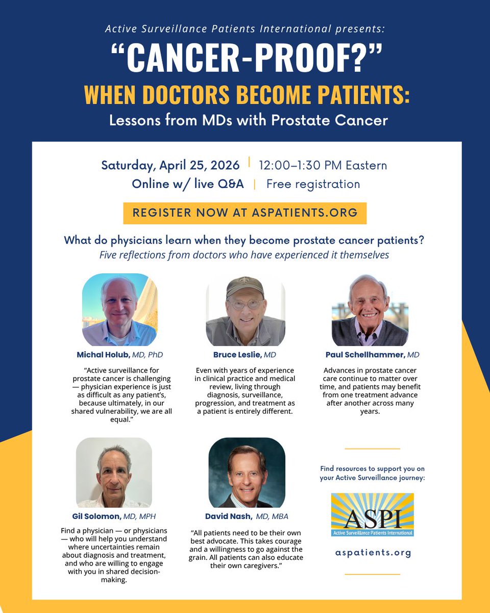 ASPI_INTL's tweet photo. Doctors get prostate cancer too.

What happens when the expert becomes the patient?

Join our April 25 ASPI session to hear physicians share their experiences—from Active Surveillance to treatment and beyond.

🗓 Apr 25 | 12 PM ET
🔗 https://t.co/qYE2IeFYGY https://t.co/0LasIyG7XN