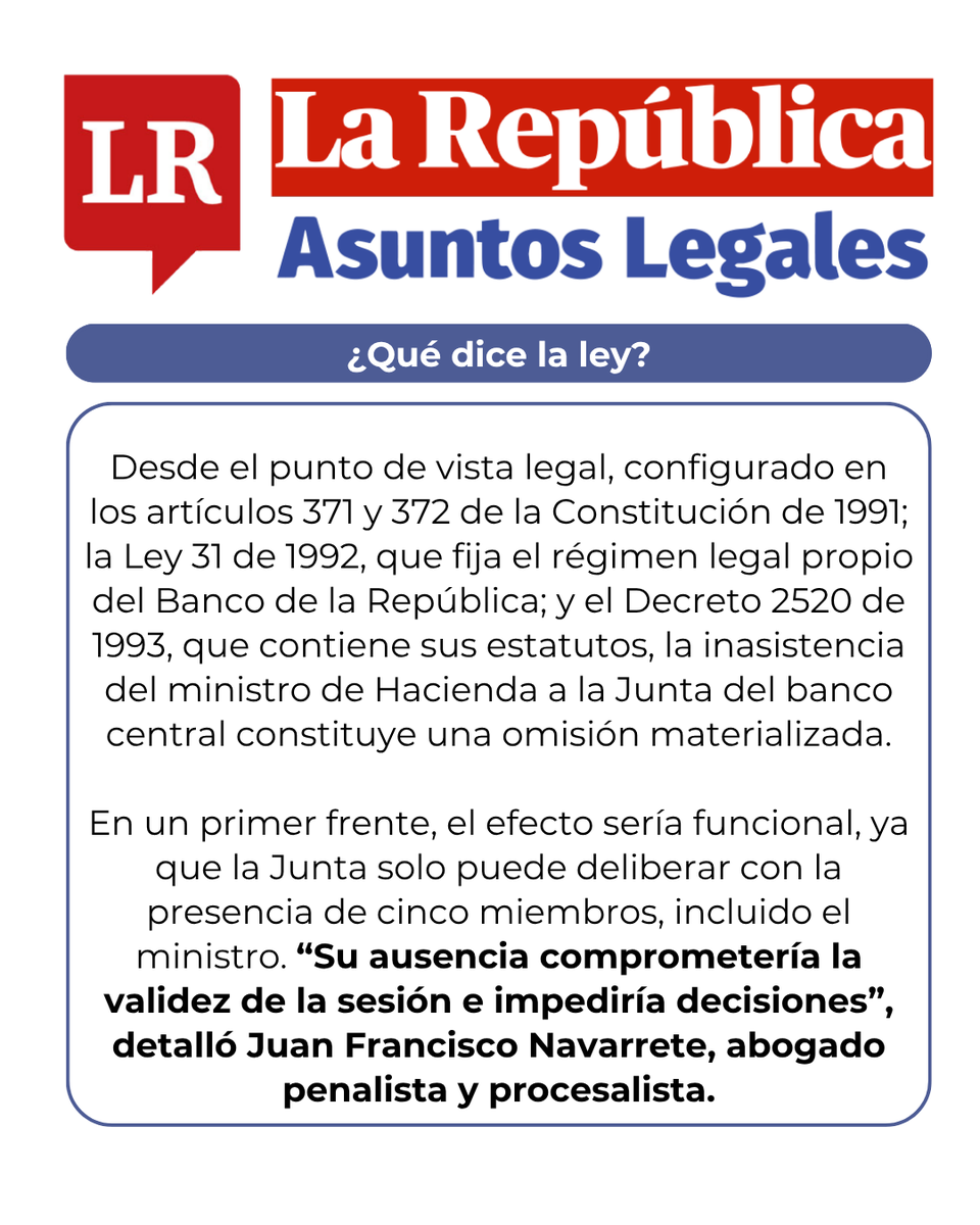 NavarreteConsu3's tweet photo. ¿El ministro de Hacienda puede retirarse de la Junta del Banco de la República?

Jurídicamente, su presencia no es opcional: la Constitución y la Ley 31 de 1992 lo integran como miembro y presidente de la Junta.  

Su ausencia puede afectar la validez de las sesiones, la legitimidad de las decisiones y la estabilidad institucional.  

No es política. Es deber funcional.