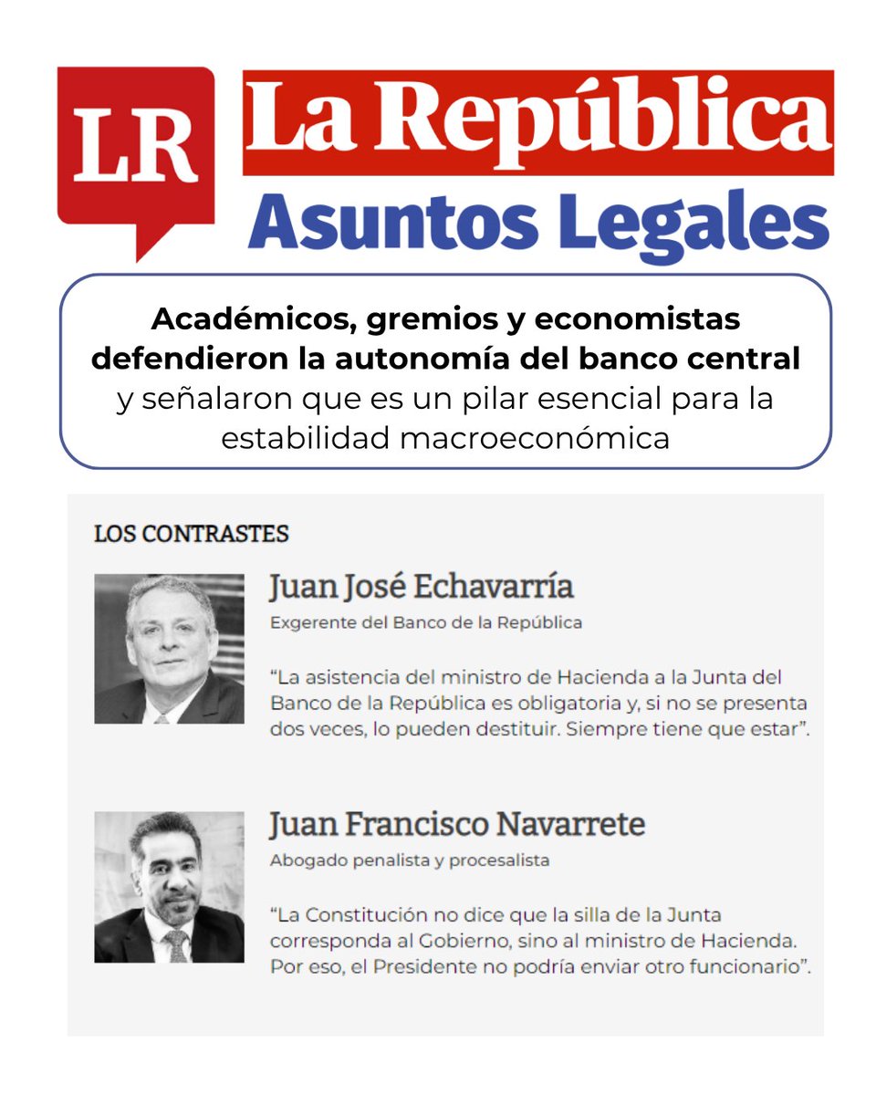 NavarreteConsu3's tweet photo. ¿El ministro de Hacienda puede retirarse de la Junta del Banco de la República?

Jurídicamente, su presencia no es opcional: la Constitución y la Ley 31 de 1992 lo integran como miembro y presidente de la Junta.  

Su ausencia puede afectar la validez de las sesiones, la legitimidad de las decisiones y la estabilidad institucional.  

No es política. Es deber funcional.