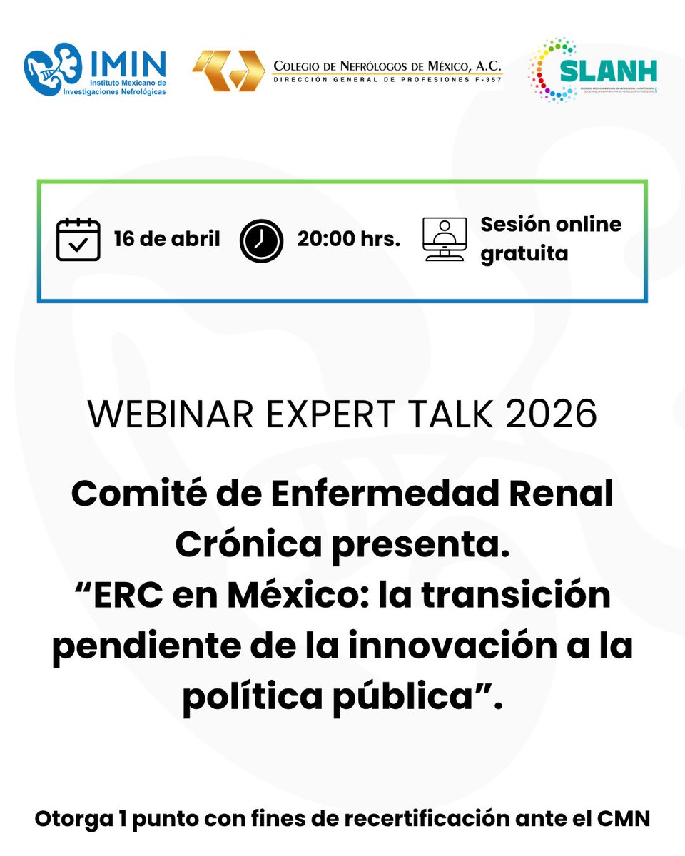 IMINmx's tweet image. 🩺 Comité de Enfermedad Renal Crónica presenta, “ERC en México: la transición pendiente de la innovación a la política pública”.

📅 Jueves 16 de abril | 20:00 hrs.
🖥️ Acceso Gratuito | Modalidad Virtual.

…r.virtualcongress.integrameetings.com/imin_nefrologi…

#WebinarIMIN #IMIN #SomosIMIN #ExpertTalk2026