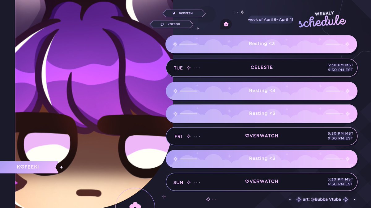 Schedule for this week!
potentially finishing celeste and doing drives in overwatch!