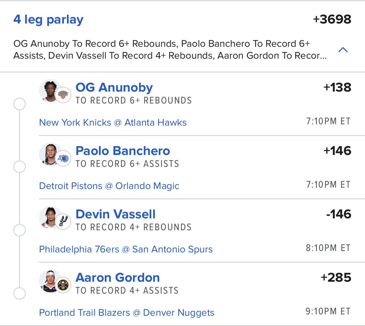 Popopicks69's tweet photo. 4-leg parlay cooking tonight 👀  

OG Anunoby 6+ REB  
Paolo Banchero 6+ AST  
Devin Vassell 4+ REB  
Aaron Gordon 4+ AST  

+3698 odds if it hits. All these lines feel very hittable — who’s tailing? 🏀💰 https://t.co/3oYBwCAHej
