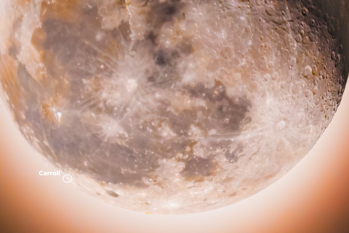 alfrekjv's tweet image. I went ahead to look into my last night's photo of the moon and this seems to be the spot where the newly named crater, Carroll, is located, based on the descriptions the astronauts shared.