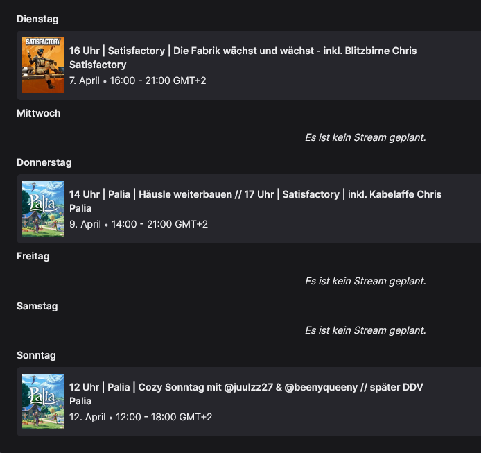 HulkHightower's tweet photo. Hallöchen ihr Lieben, ich wünsche euch ein schöne &amp; entspannte Woche. Donnerstag gibt's vor Satis noch etwas Palia. Freu mich auf euch &amp; gönnt euch etwas feines.😋♥️  #twitchtv #satisfactory #palia #ddv - https://t.co/yKaXeqjlso 
🍔Streamplan für diese Woche (06.04.-12.04.):🍔 https://t.co/qR8EwdF1dW