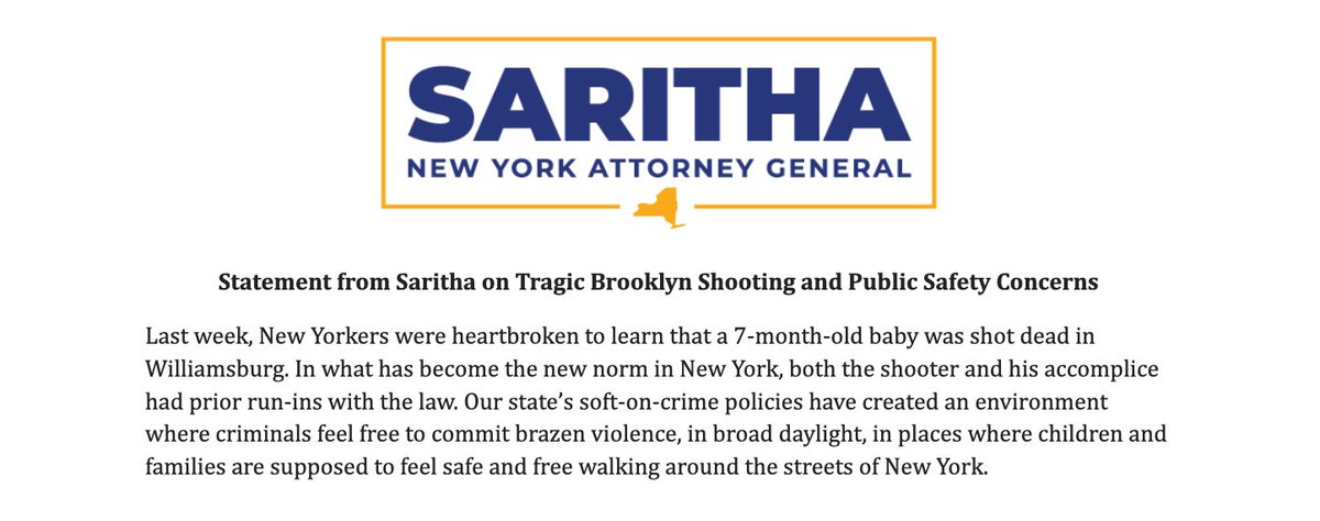 Heartbroken for this innocent life lost in Brooklyn.

New Yorkers should never have to live in fear like this. I will always stand for victims, enforce the law, and fight to restore safety in our communities.

See my full statement ⬇️