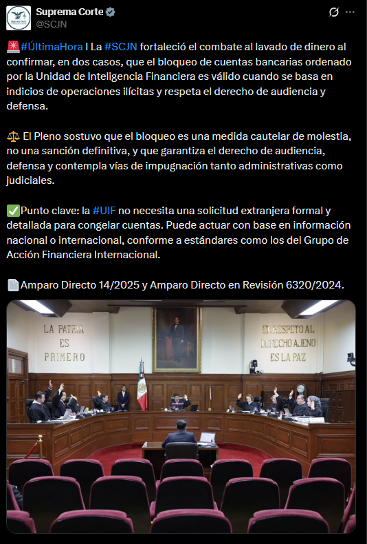 JCarlos_Valerio's tweet photo. #Infórmate || La Suprema Corte de Justicia de la Nación aprobó que, sin orden judicial, la Unidad de Inteligencia Financiera (#UIF) pueda bloquear cuentas bancarias cuando existan indicios de operaciones ilícitas como lavado de dinero.

El bloqueo es una medida cautelar, no una sanción definitiva, y garantiza el derecho de audiencia, defensa y vías de impugnación tanto administrativas como judiciales. 

#JuanCarlosValerioNoticias