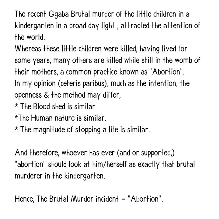 "Abortion" should equally be viewed as murder. <a href="/nbstv/">NBS Television</a>  <a href="/TayariWestTV/">Tayari West TV</a>  <a href="/KajwengyeW/">Wilson Kajwengye</a>  <a href="/Thomas_Tayebwa/">Thomas Tayebwa</a>  @ruth@ThornycroftChap <a href="/NRMOnline/">NRM Party</a>