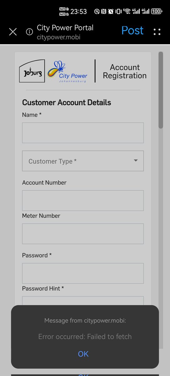 LeesaBaybeeh's tweet photo. @CityPowerJhb I have been trying but I am unable to Register, login or forgot password. We are in darkness in Witpoortjie so many street lights that do not work. What is an alternative to report these, please https://t.co/DAS1NohPHF