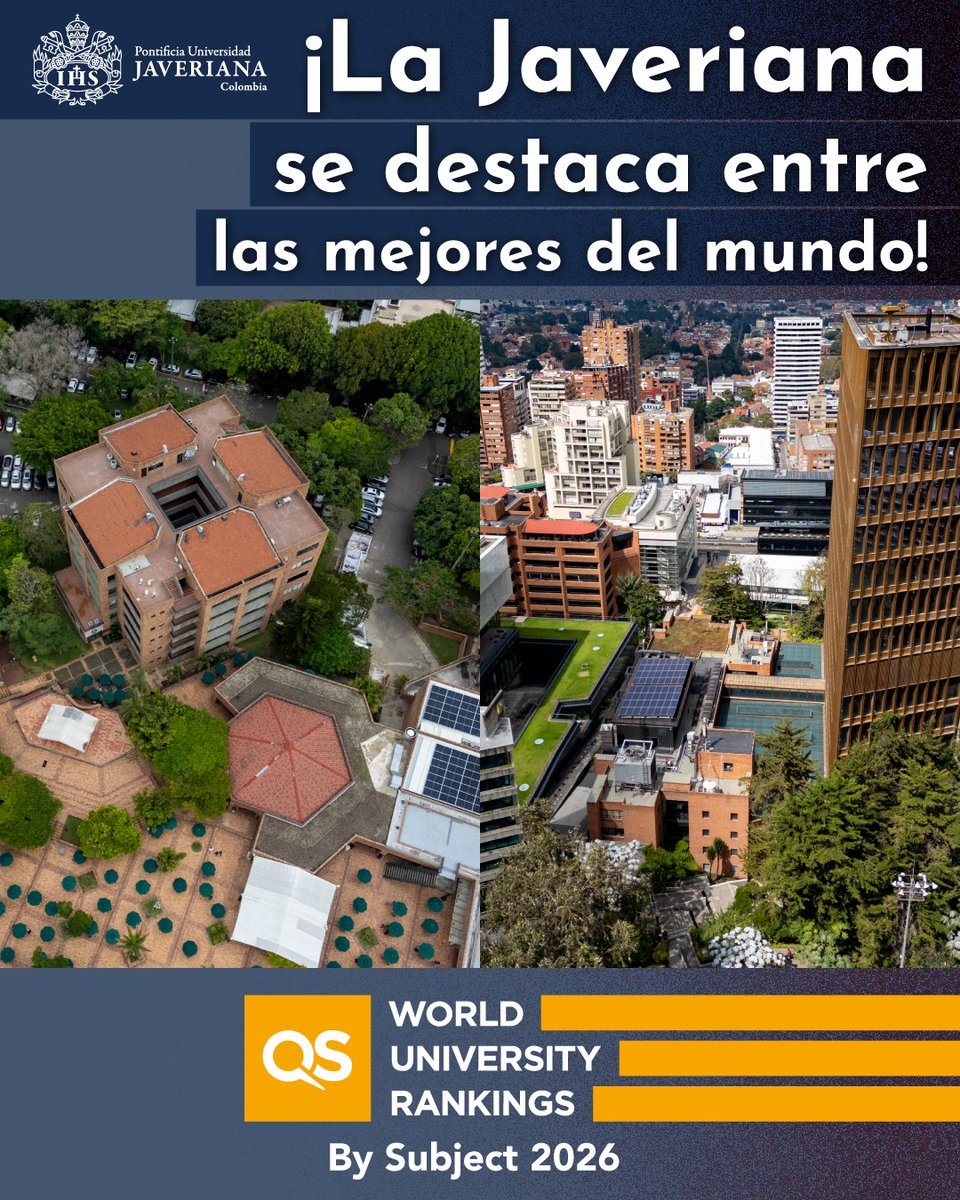 UniJaveriana's tweet photo. La Javeriana se destaca en el QS World University Rankings by Subject 2026, una de las clasificaciones internacionales más reconocidas en educación superior.

En esta edición, QS analizó más de 6.200 instituciones a nivel global y clasificó cerca de 1.900 universidades en 55 disciplinas agrupadas en cinco grandes áreas del conocimiento.

La Universidad se posiciona entre las mejores del mundo en 26 disciplinas, de las cuales 12 mejoran su ubicación, 3 ingresan por primera vez y 8 mantienen su posición. Además, logra presencia en 4 grandes áreas del conocimiento, con avances en 3 de ellas.

Se destacan resultados en áreas como:

💼Ciencias Sociales y Administración 
👩‍💻Ingeniería y Tecnología
🩺Ciencias de la Vida y Medicina
📖Artes y Humanidades

Este reconocimiento refleja el compromiso de nuestra comunidad con la excelencia académica, la investigación y el impacto global.